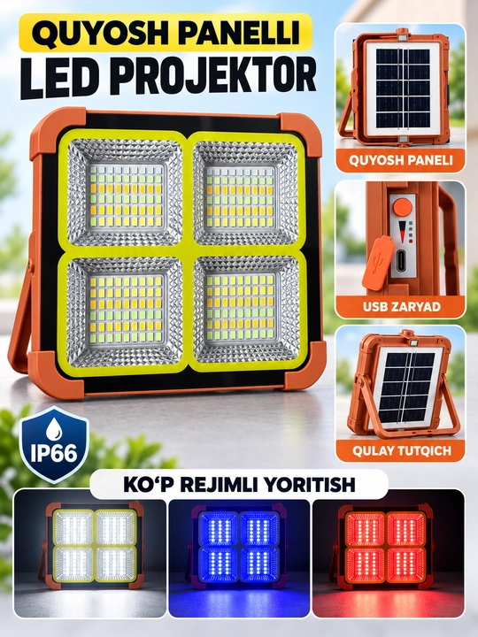 Quyosh panelli LED proyektor, USB zaryad, IP66, ko‘p rejimli portativ FANAR chiroq - 