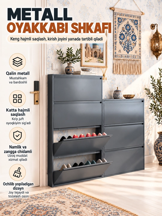 Devor uchun poyabzal shkafi, metall korpusli va ixcham oyoq kiyim javoni