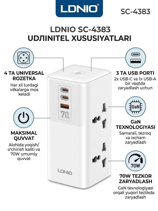 Сетевой фильтр LDNIO SC-4383, GaN 70W зарядка, 4 розетки, 2 Type-C, 1 USB-A, удлинитель - 