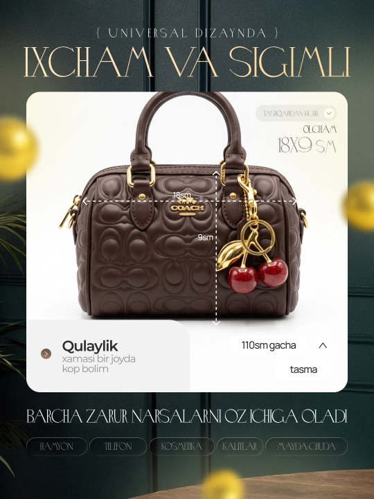 Сумка Coach с широким плечевым ремнём и брелоком-вишенкой, для повседневного использования