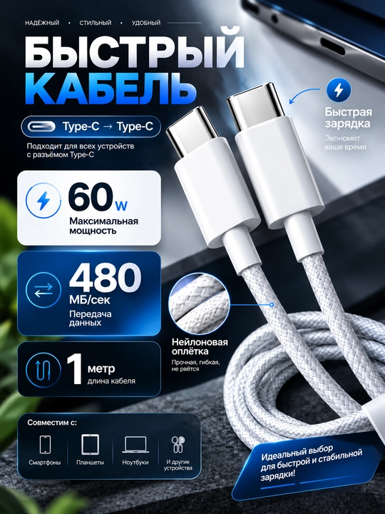 Айфон кабель Type-C to Type-C проводной 60W для iPhone  подходит для iPhone 15,16,17,18 - 