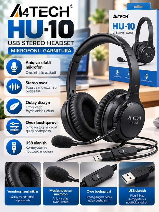 Quloqchin A4TECH HU-10 USB stereo garnitura, mikrofonli naushnik