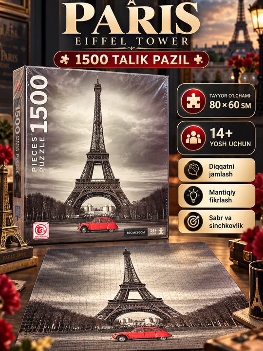 Puzzle pazl 1000 va 1500 bo'lakli, mazayka mozaika, kattalar va bolalar uchun, 9 ta syujet - 