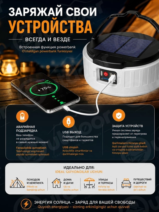 Фонарь туристический аккумуляторный для кемпинга, походов, путешествий и отдыха на природе