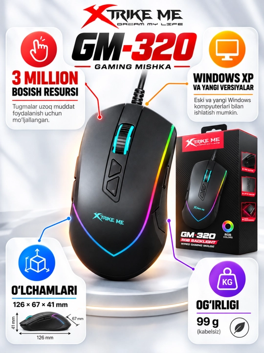 Mышка, игровые мышь RGB XTRIKE ME с чувствительностью от 1200 до 12800 DPI и точный прицел