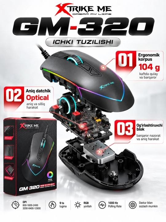 Mышка, игровые мышь RGB XTRIKE ME с чувствительностью от 1200 до 12800 DPI и точный прицел