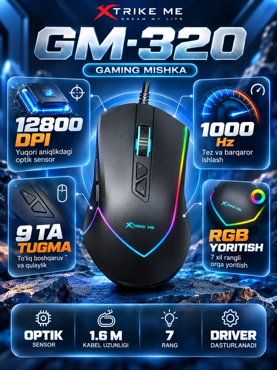 Mышка, игровые мышь RGB XTRIKE ME с чувствительностью от 1200 до 12800 DPI и точный прицел