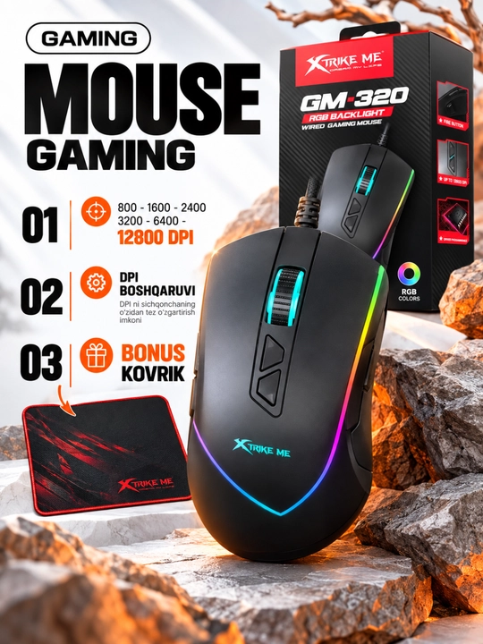 Sichqoncha, mishka XTRIKE ME, o'yin, Gaming RGB, 1.200 dan 12.800 gacha DPI va Aniq nishon - 