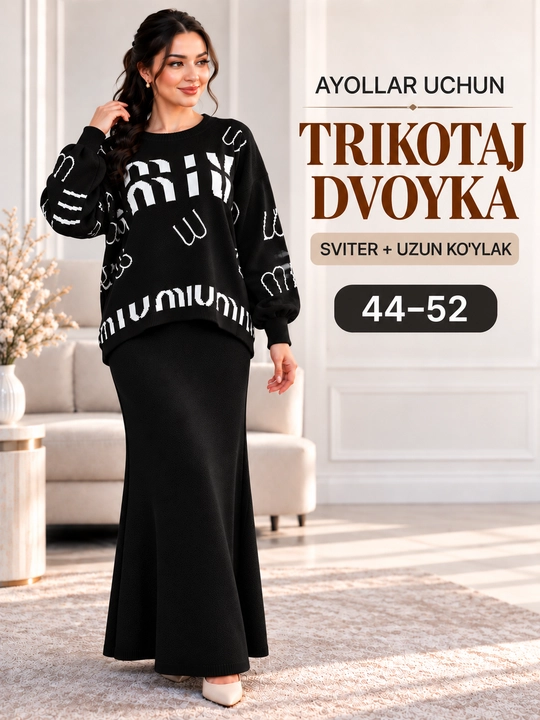 Ayollar uchun trikotaj dvoyka — sviter va uzun ko'ylak, kuzgi kostyum, standart 44–52 - 