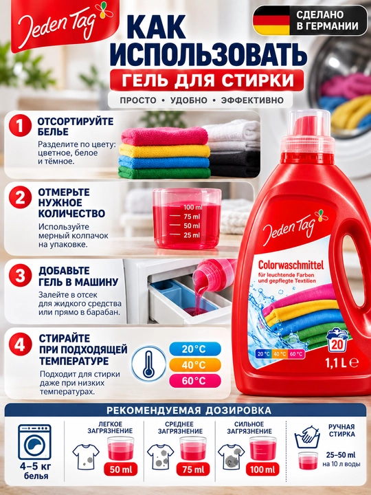 Rangli kiyimlar uchun kir yuvish geli Jeden Tag Colorwaschmittel, 1,1 l, 20 marta yuvish - 