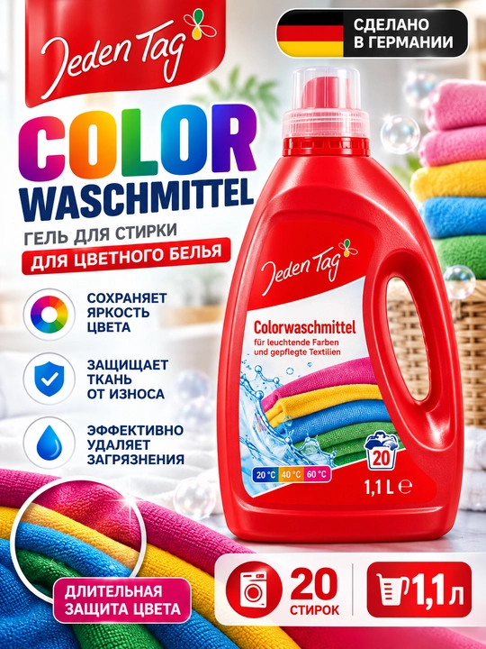 Rangli kiyimlar uchun kir yuvish geli Jeden Tag Colorwaschmittel, 1,1 l, 20 marta yuvish