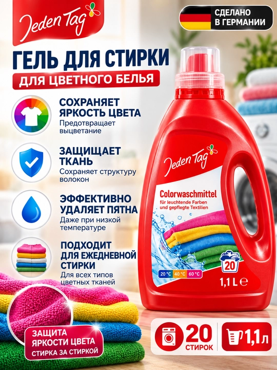 Rangli kiyimlar uchun kir yuvish geli Jeden Tag Colorwaschmittel, 1,1 l, 20 marta yuvish