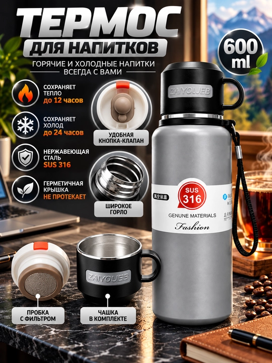 Термос для кофе и чая, термокружка, подарочная, нержавеющая сталь 316, с носиком