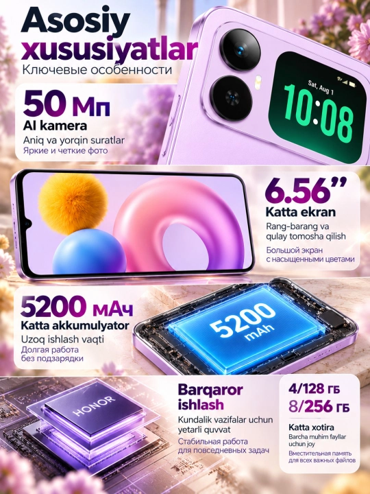 Smartfon Honor X5es 64GB/128GB, 6.56" HD+, 5200mAh, 50MP kamera, kafolatli