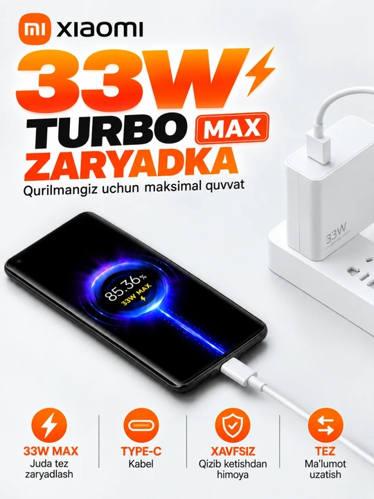 XIOMI Turbo % quvvatlash qurilmasi 33W Typ-C kabeli bilan