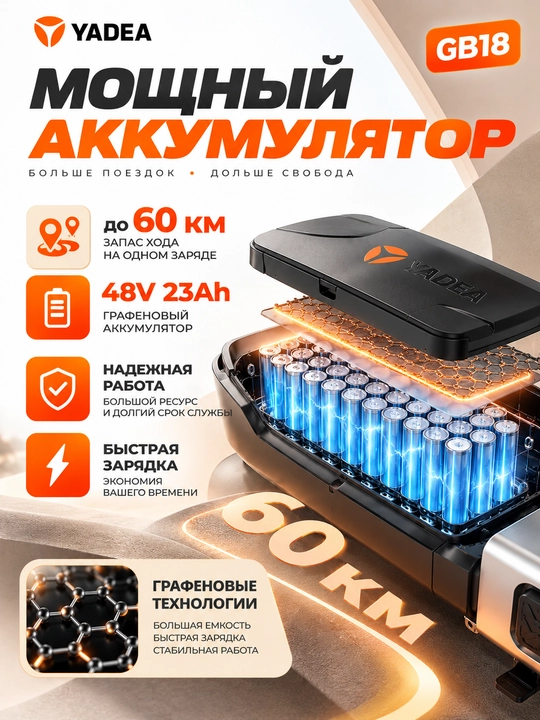 YADEA GB18 elektr skuter 500W, 48V 23Ah,60 km gacha yurish masofasi, grafenli akkumulyator