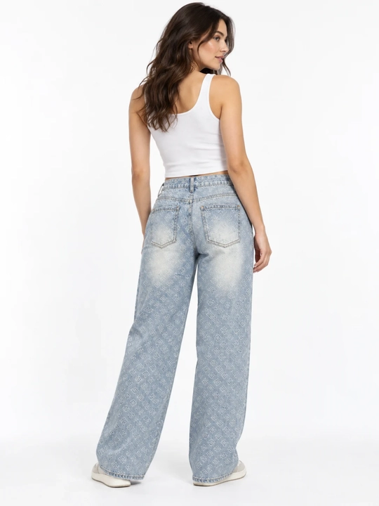 Ayollar uchun keng jinsi shim palazzo, naqshli, baland belli, S–XL