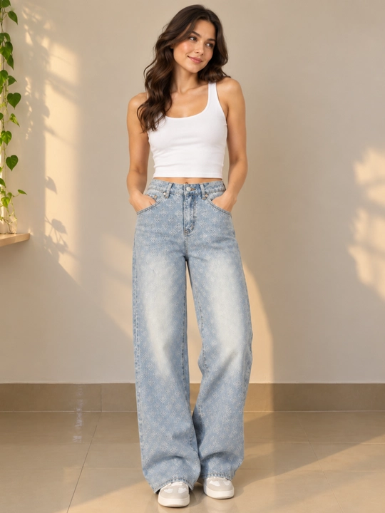 Ayollar uchun keng jinsi shim palazzo, naqshli, baland belli, S–XL