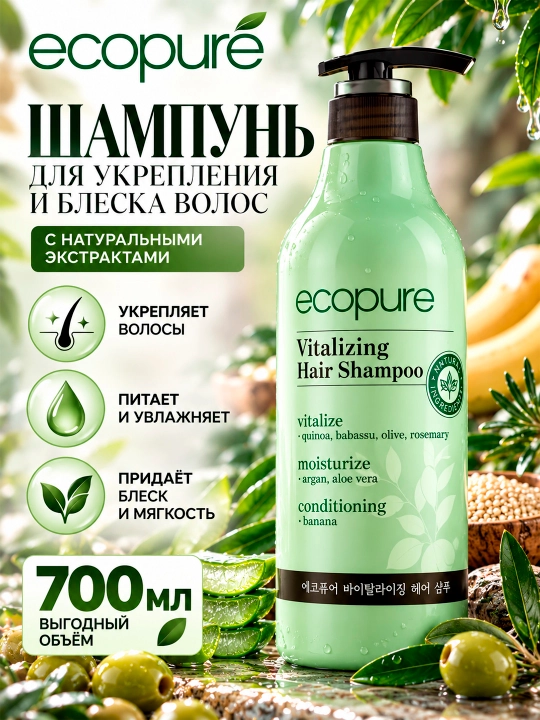ECPPURE Vitalizing sochni mustahkamlash va yaltiratish uchun shampun, 700 ml - 
