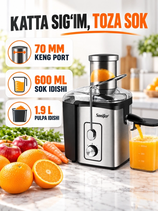 Sharbat chiqargich Sonifer, 70 mm keng portli, 600 ml idish - 