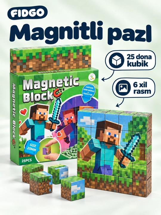 Magnitli konstruktor va kubik-pazl FIDGO, 25–200 ta detal - 