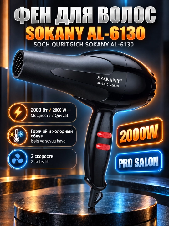 Профессиональный фен для волос AL-6130,2000 Вт,2 скорости,горячий/холодный воздух - 