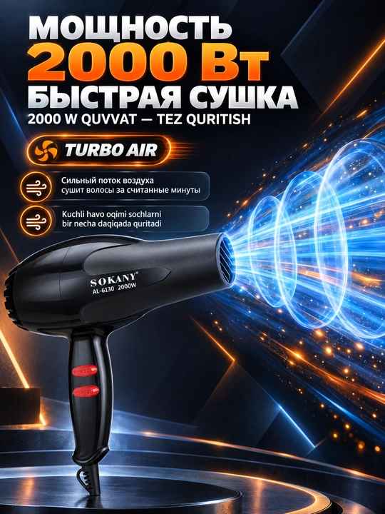 Professional sochlarini fen mashinasi AL-6130,2000 Vt,2 tezlikli, issiq/sovuq havo