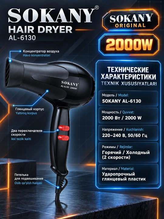Professional sochlarini fen mashinasi AL-6130,2000 Vt,2 tezlikli, issiq/sovuq havo