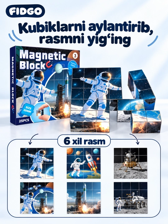 Magnitli konstruktor va kubik-pazl FIDGO, 25–200 ta detal
