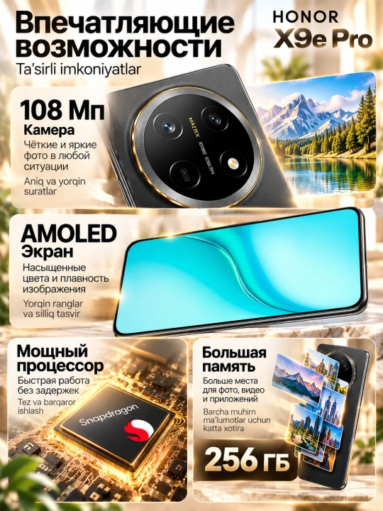 Smartfon Honor X9e Pro 8/256GB yoki 6/256GB, AMOLED, 108MP kamera, kafolatli