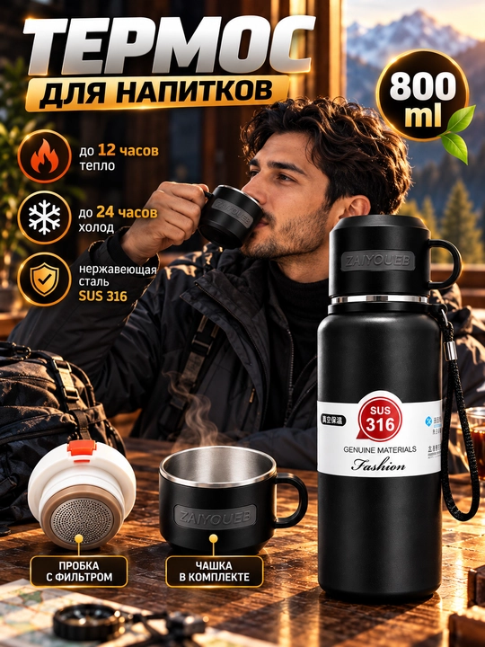 Термос для кофе и чая, термокружка, подарочная, нержавеющая сталь 316, с носиком