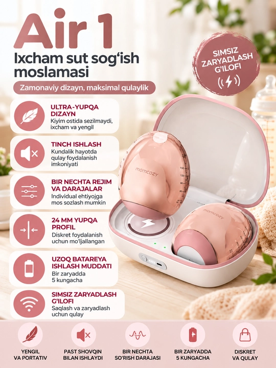 Momcozy Air 1 — ультратонкий беспроводной молокоотсос - 