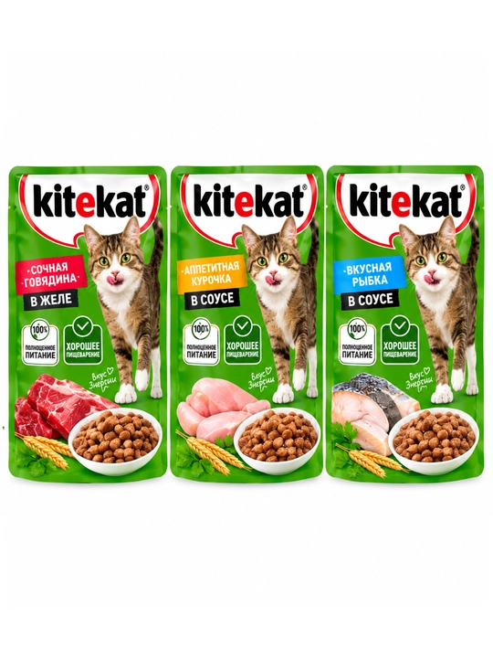 Влажный корм Kitekat для кошек, 6 шт., 3 вкуса на выбор