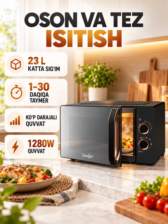 Mikroto‘lqinli pech Sonifer, 23 L, 1–30 daqiqa taymer, 1280 W - 
