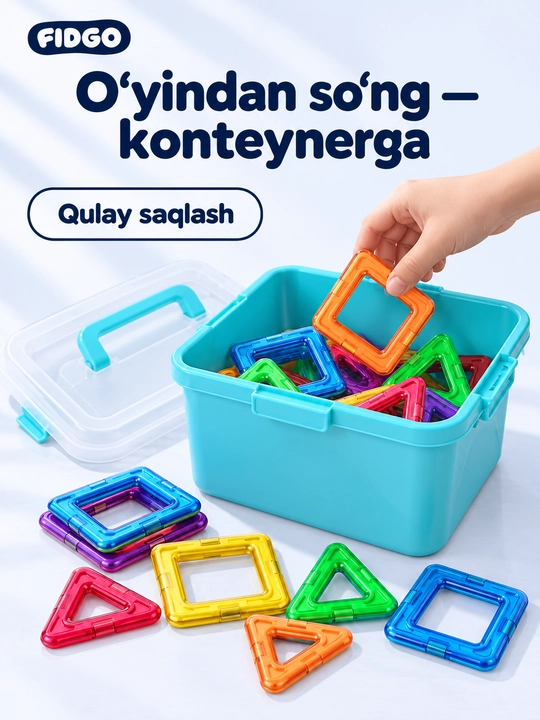 Magnitli konstruktor 60/84 dona saqlash konteyneri bilan rivojlantiruvchi o'yinchoq 3+