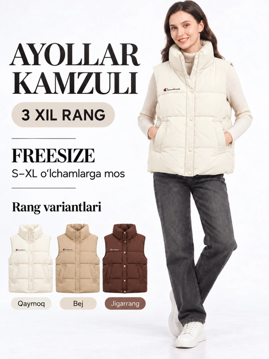 Ayollar uchun issiq yengsiz nimcha, tik yoqali, fermuar va knopkali kamzul, freesize S–XL - 