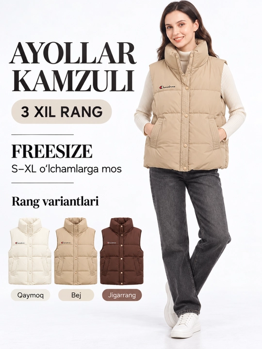 Ayollar uchun issiq yengsiz nimcha, tik yoqali, fermuar va knopkali kamzul, freesize S–XL - 