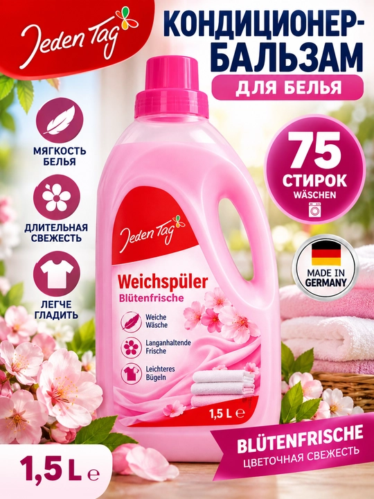 Kirlar uchun konditsioner-balzam Jeden Tag Blütenfrische, 1,5 l, 75 marta yuvish - 