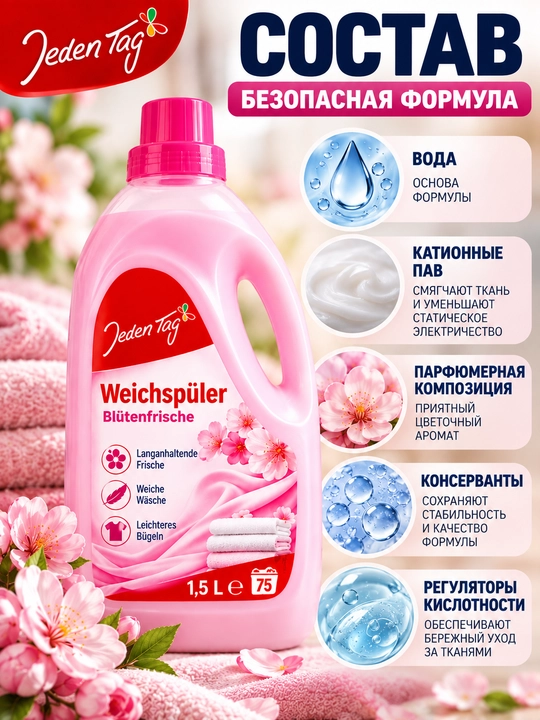 Kirlar uchun konditsioner-balzam Jeden Tag Blütenfrische, 1,5 l, 75 marta yuvish