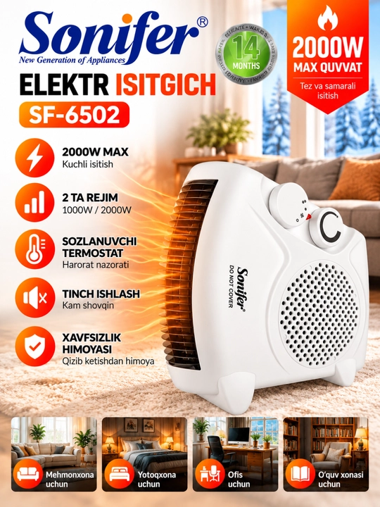 Elektr isitgich Sonifer SF-6502, 2000 Vt, 2 ta isitish rejimi, sozlanuvchi termostat - 