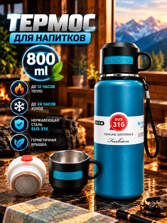 Термос для кофе и чая, термокружка, подарочная, нержавеющая сталь 316, с носиком - 