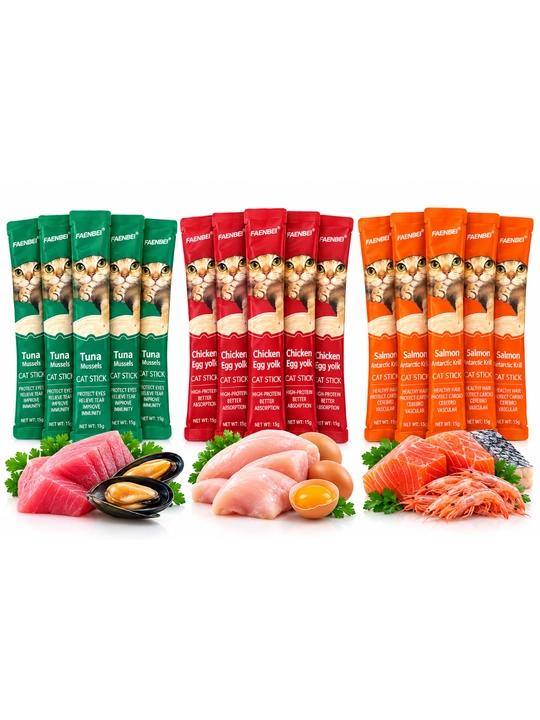 Лакомство для кошек FAENBEI Cat Stick, 15 штук, 3 разных вкуса