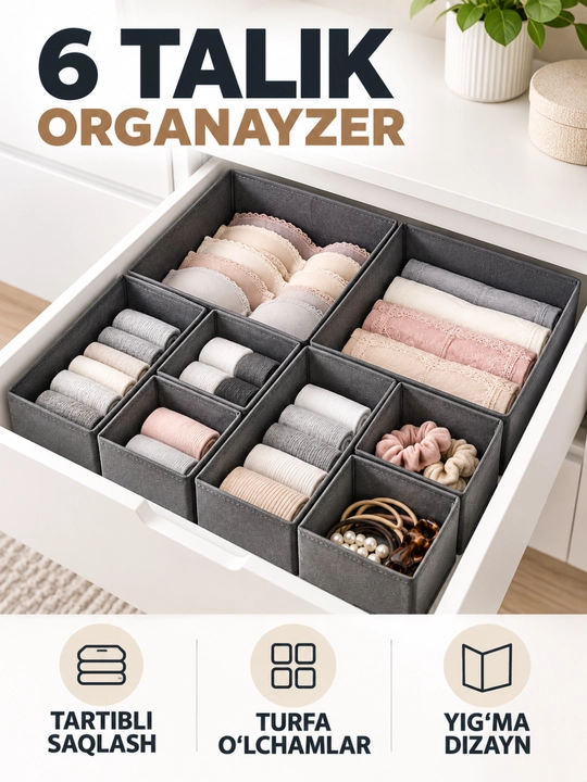 Organayzer kiyimlar uchun, 6 talik yig‘ma to‘plam, turli o‘lchamlar - 