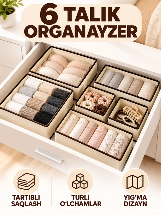 Organayzer kiyimlar uchun, 6 talik yig‘ma to‘plam, turli o‘lchamlar - 