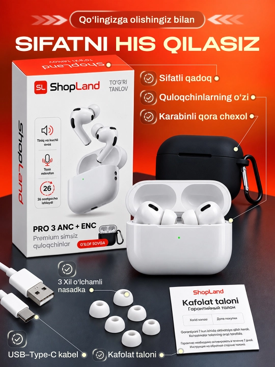 ShopLand Pro 3 ANC + ENC — simsiz premium quloqchinlar, mikrofonli iPhone va Android uchun