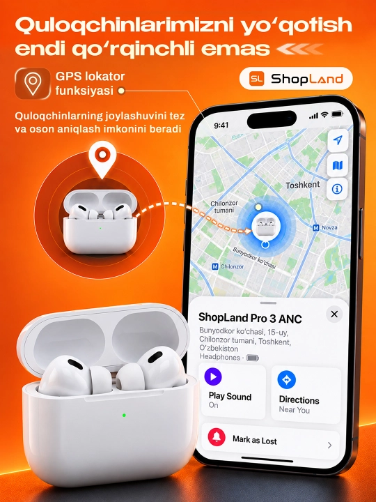 ShopLand Pro 3 ANC + ENC — simsiz premium quloqchinlar, mikrofonli iPhone va Android uchun