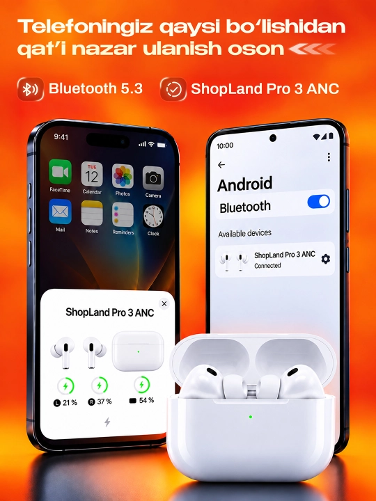 ShopLand Pro 3 ANC + ENC — simsiz premium quloqchinlar, mikrofonli iPhone va Android uchun