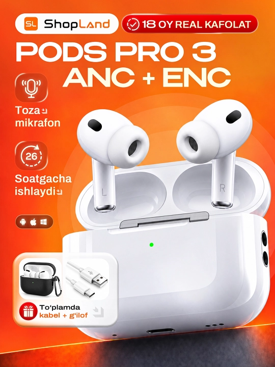 ShopLand Pro 3 ANC + ENC — simsiz premium quloqchinlar, mikrofonli iPhone va Android uchun - 