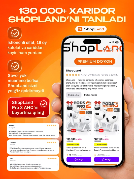 ShopLand Pro 3 ANC + ENC — simsiz premium quloqchinlar, mikrofonli iPhone va Android uchun
