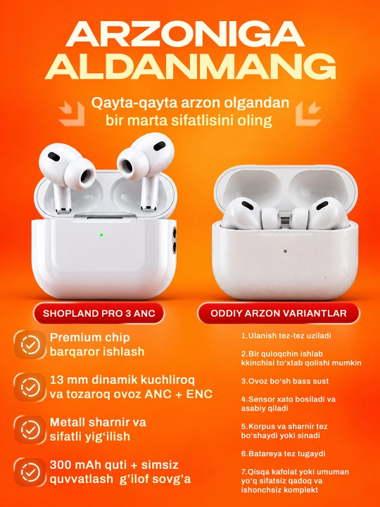 ShopLand Pro 3 ANC + ENC — simsiz premium quloqchinlar, mikrofonli iPhone va Android uchun